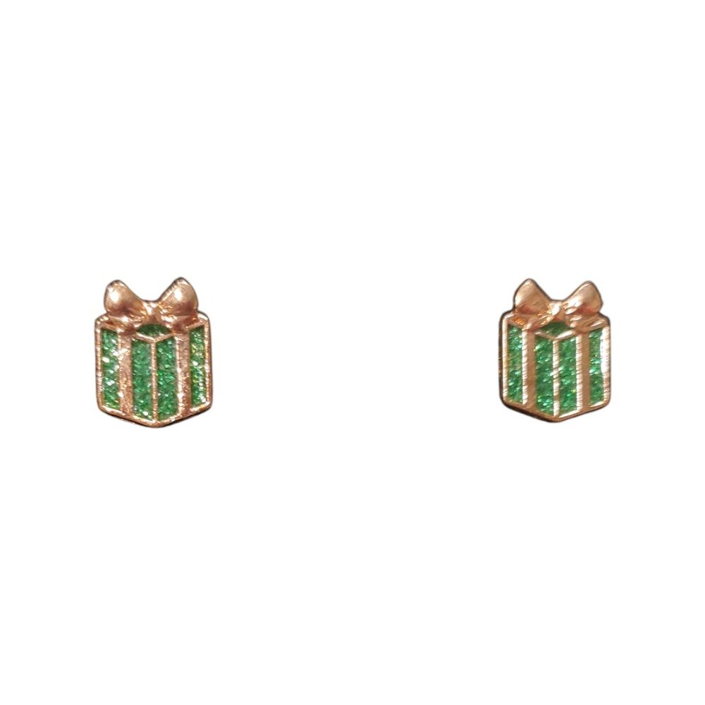 Present/Gift Box Stud Earrings Green and Gold-Tone New without Tags NWOT